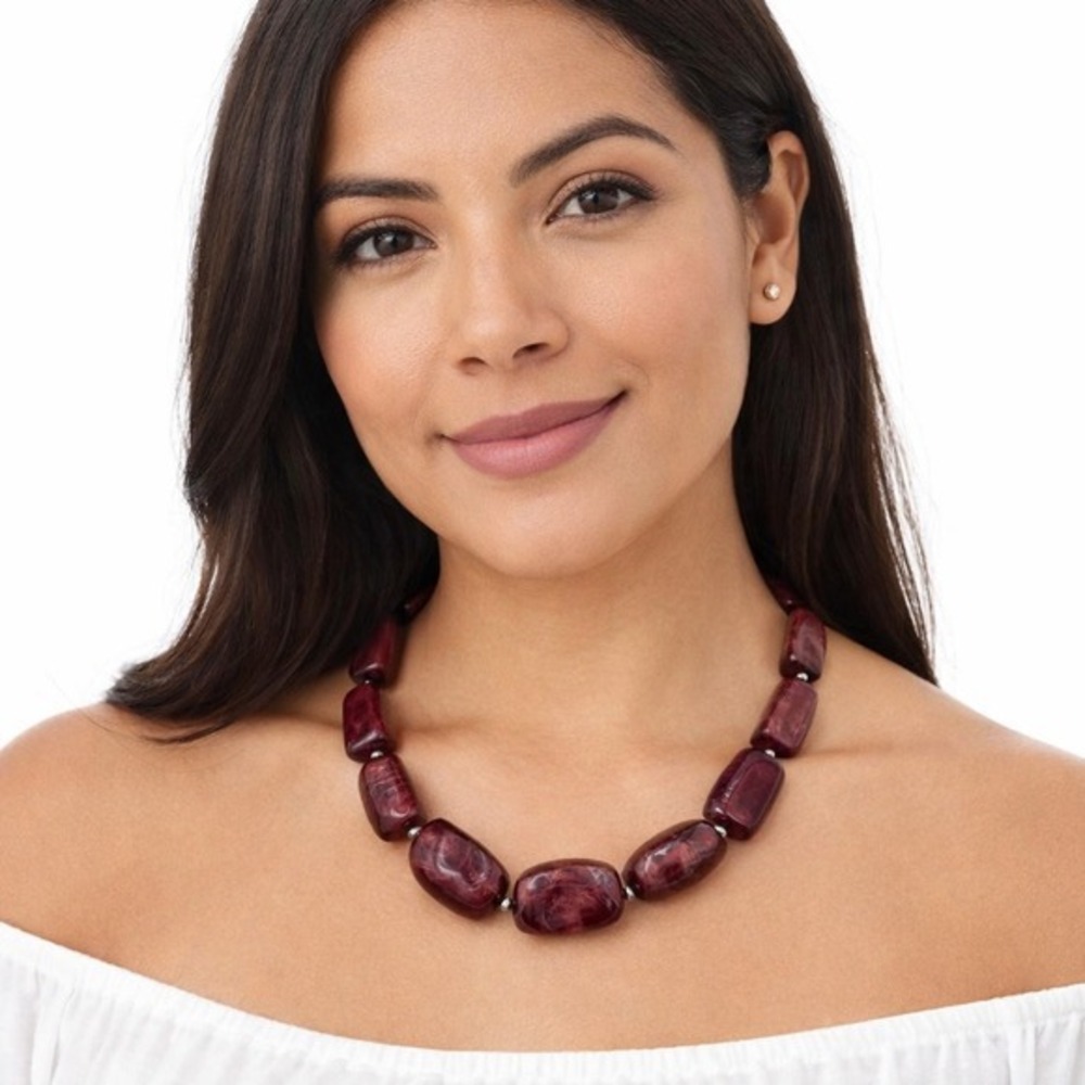 New York & Co Burgundy Marbled Resin Chunky Statement Necklace Preppy Chic J-01‎